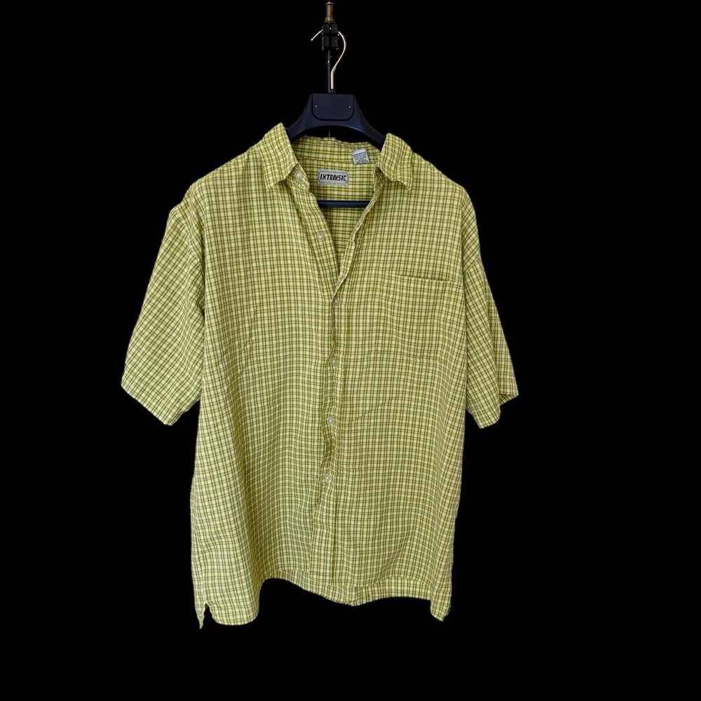 Vintage Y2k Intrinsic Plaid Button Up Short Sleeve Large Surf Lime 90's Distress